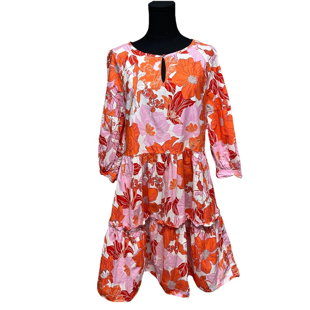 C & A Womens Floral‎ Tiered Dress Cotton 3/4 Sleeve Modest Cottage Garden Church